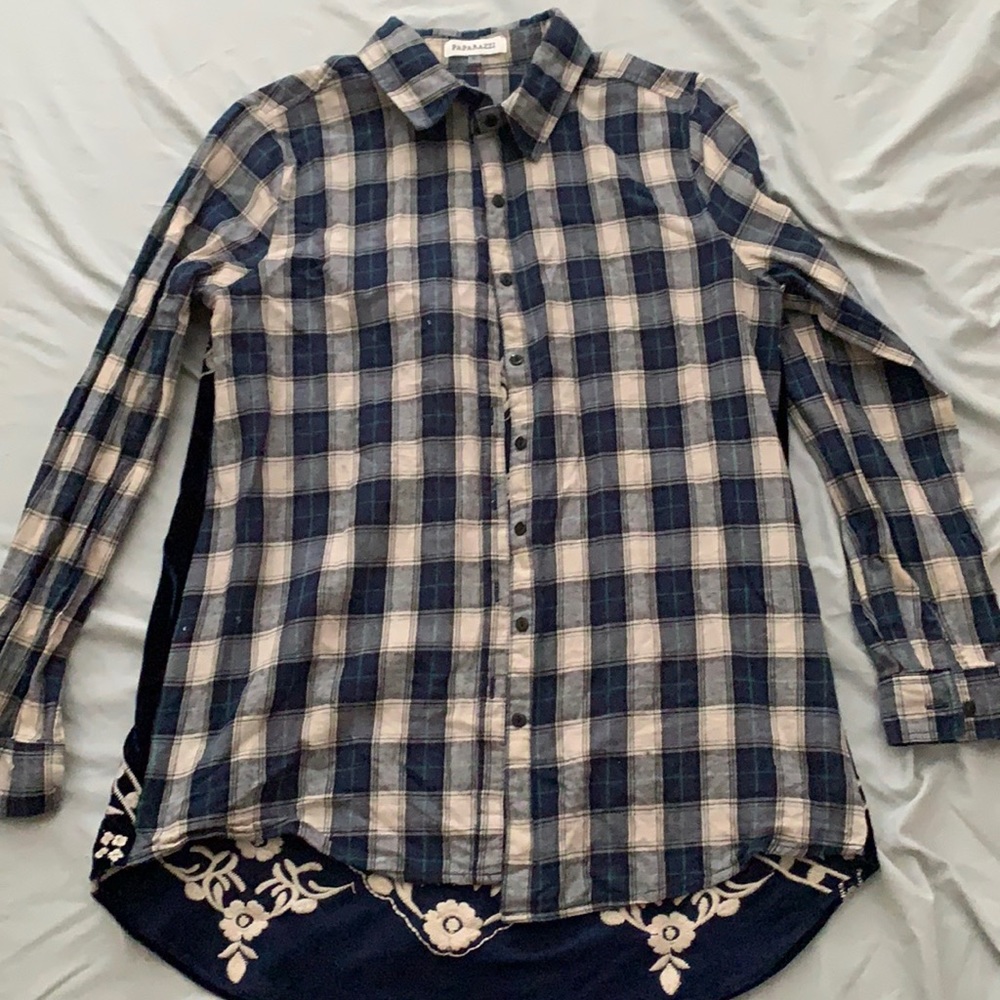 Gorgeous Navy Blue Plaid and Velvet Embroidered Shirt